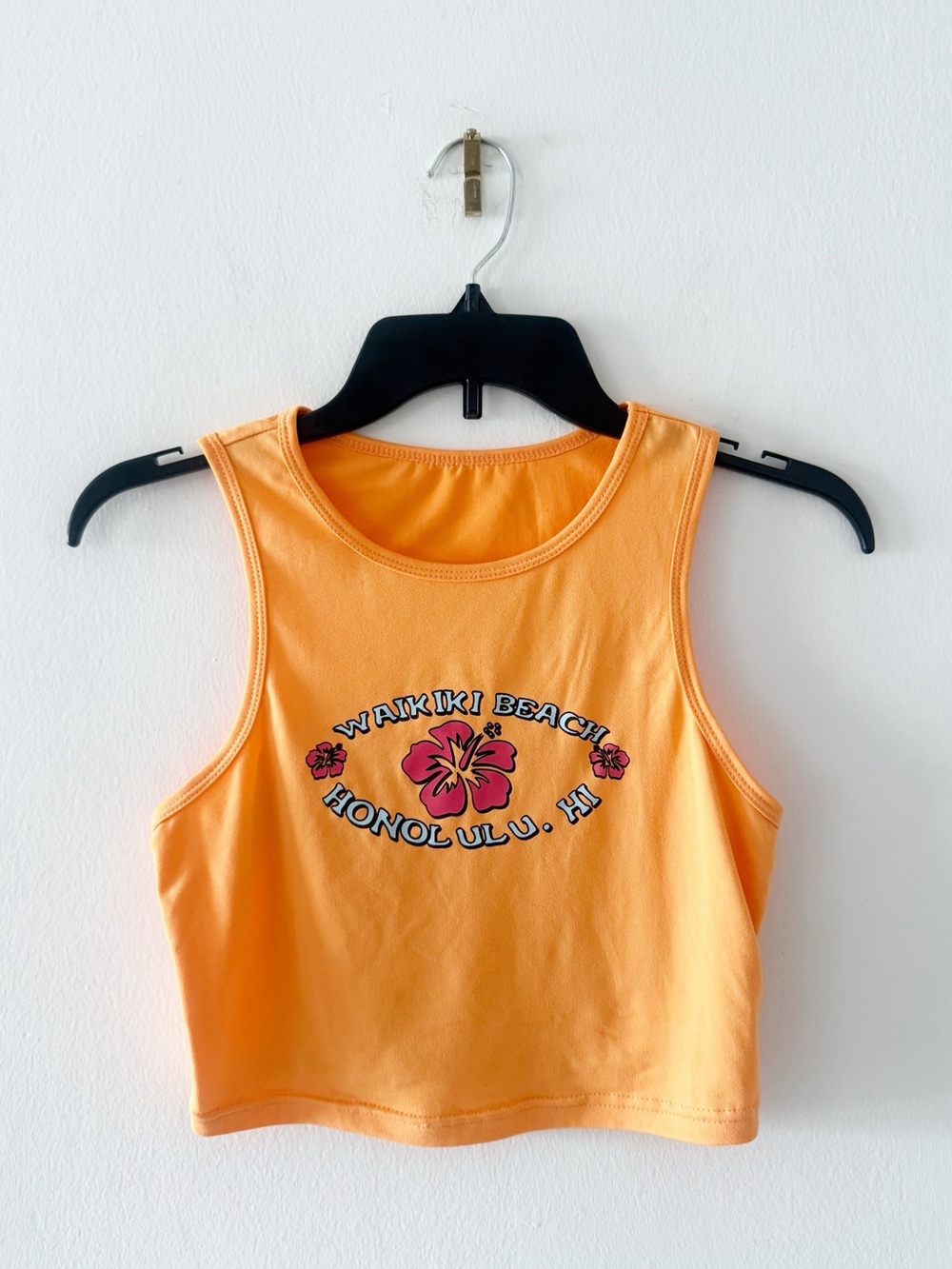 Waikiki Beach Honolulu Hawaii Hibiscus Graphic Neon Orange Crop Tan Top Small